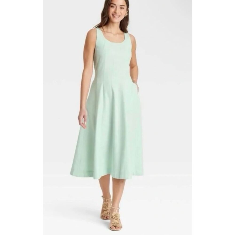 A New Day Mint Green Midi Dress Size 12 Cotton Rayon Sleeveless A-Line